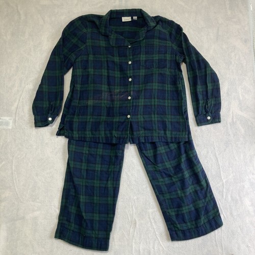 LL BEAN Women's 2Piece Cotton Flannel Pajama Set Blue/Green Plaid Size