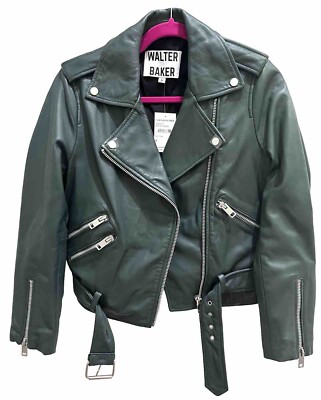 NWT Walter Baker Bottle Green Leather Motorcycle Jacket Size S $698