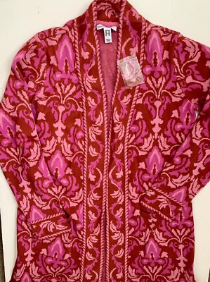 NWT  Pink/Red Issac Mizrahi Jacquard  Long Cardigan  Sweater Damask XXS 0-4