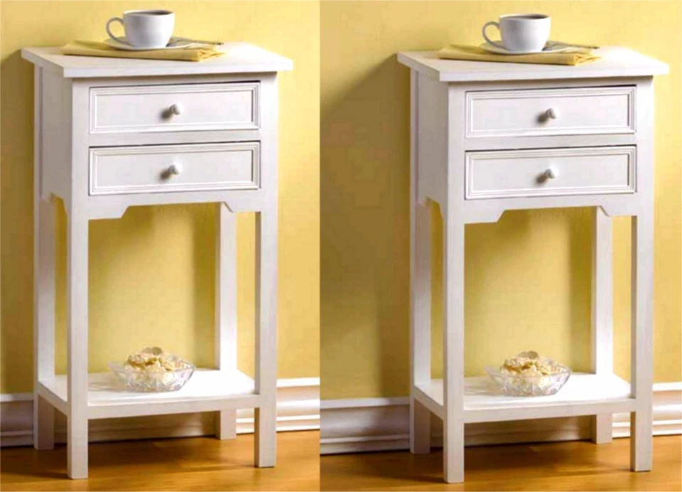 Set of 2 * WHITE CEDAR WOOD SIDE-END-NIGHT TABLES * 2 Drawers-Shelf * NIB - Image 2 of 4