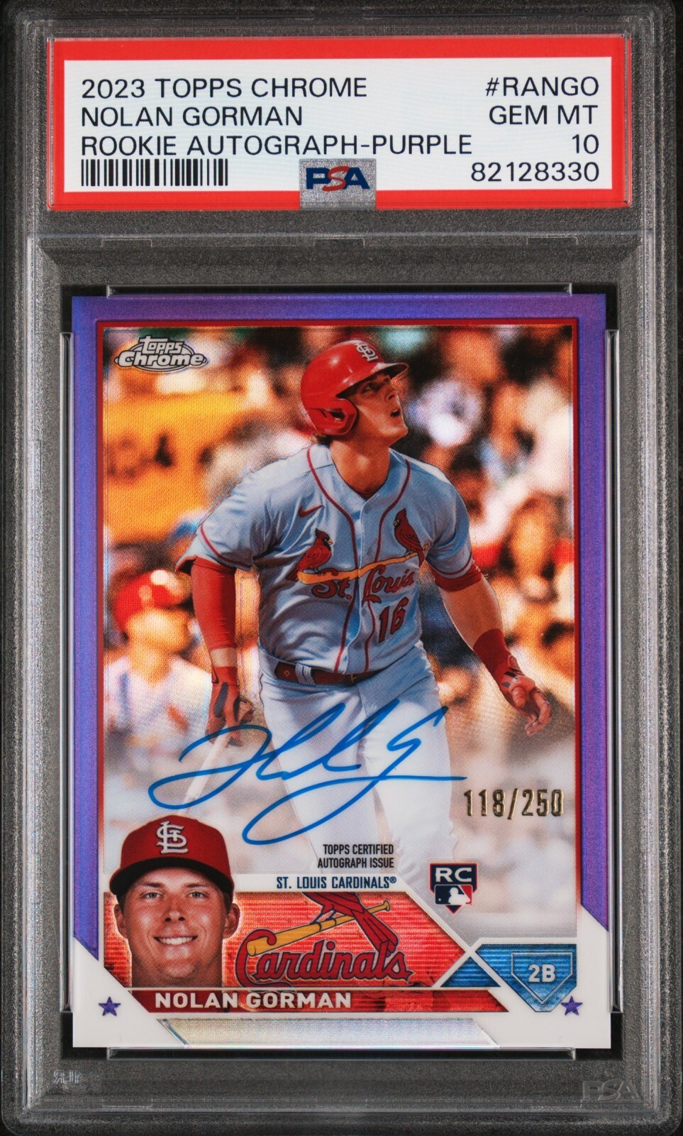 2023 Topps Chrome Purple Refractor Nolan Gorman Cardinals RC Auto /250 PSA 10