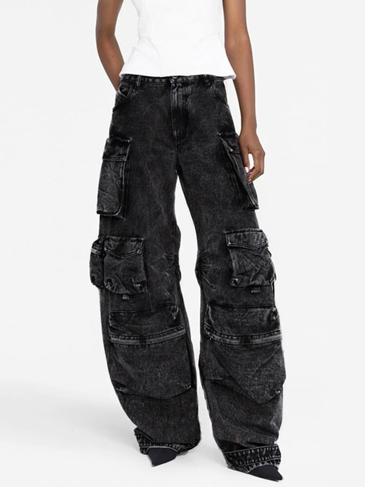 Retro American Style Mens Long Loose Fit Wide Leg Cargo Pants