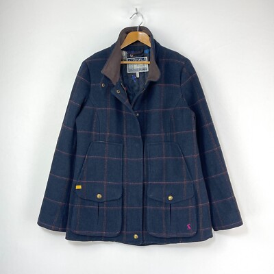 Joules Tweed Feldmantel Damen 14 blau kariert Wolle Country Fieldcoat Jacke