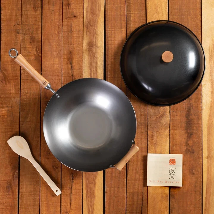 Joyce Chen Classic Series 14-Inch Uncoated Carbon Steel Flat Bottom Wok Set with