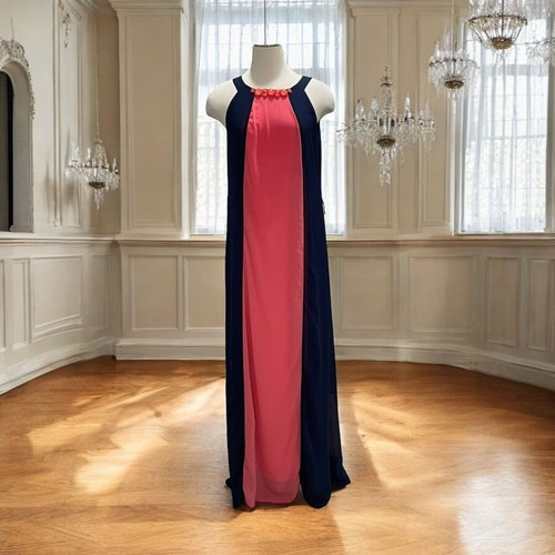 Luxology Navy Coral Colorblock Maxi Dress Elegant Resort Summer Beaded Neck M