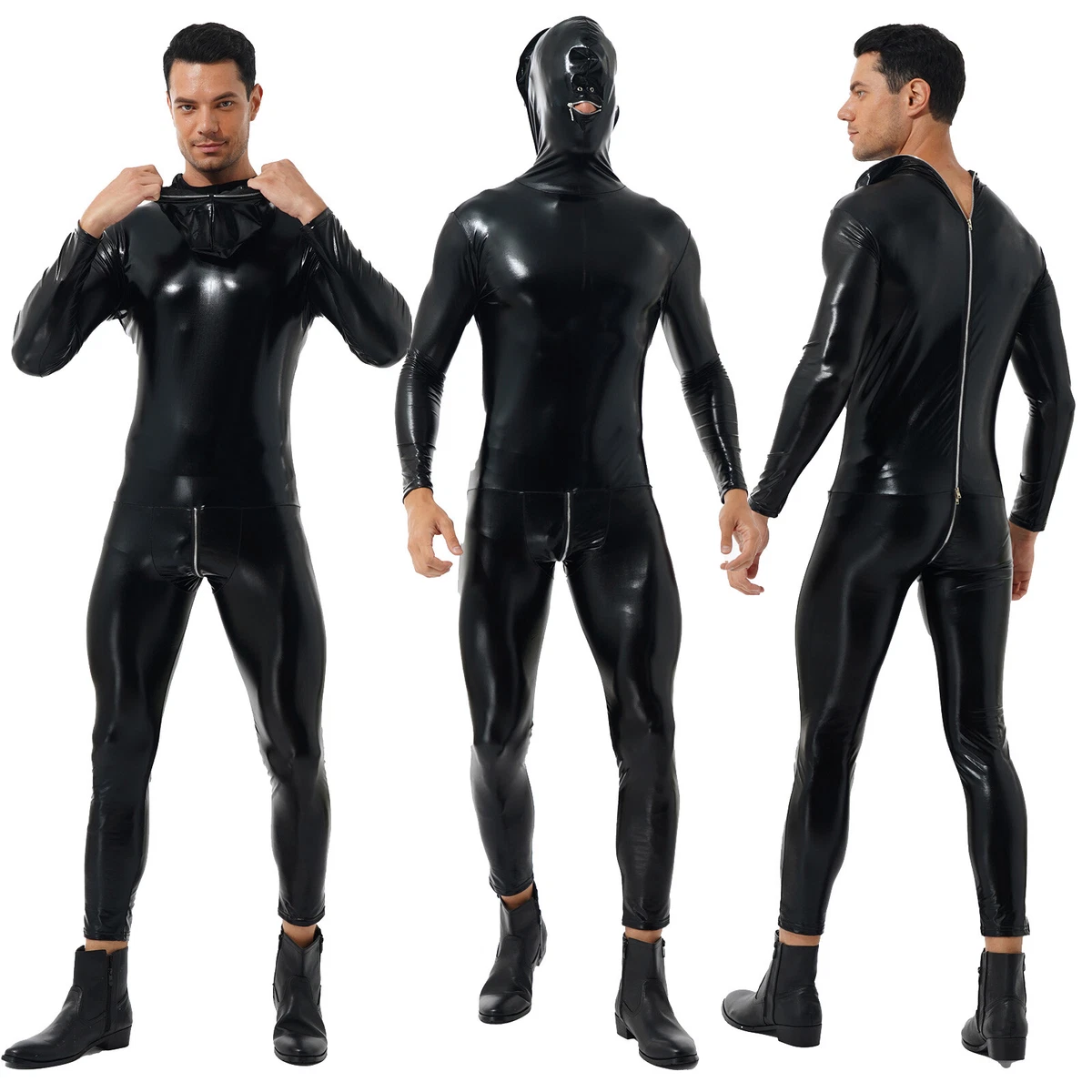 Mens Full Body Suit Patent Leather Hooded Jumpsuit Zipper Zentai