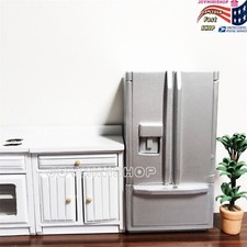 Miniature 1/12 Silver Double-Door Wooden Refrigerator Dollhouse Model Kitchen