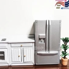 Miniature 1/12 Silver Double-Door Wooden Refrigerator Dollhouse Model Kitchen