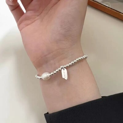 Woman Real s925 Sterling Silver LUCKY Charm Baroque Pearl Beaded Bracelet Bangle