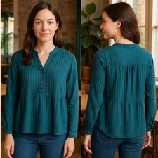 Jacqueline Riu Blouse Striped Button Down Long Sleeve Teal Green Medium