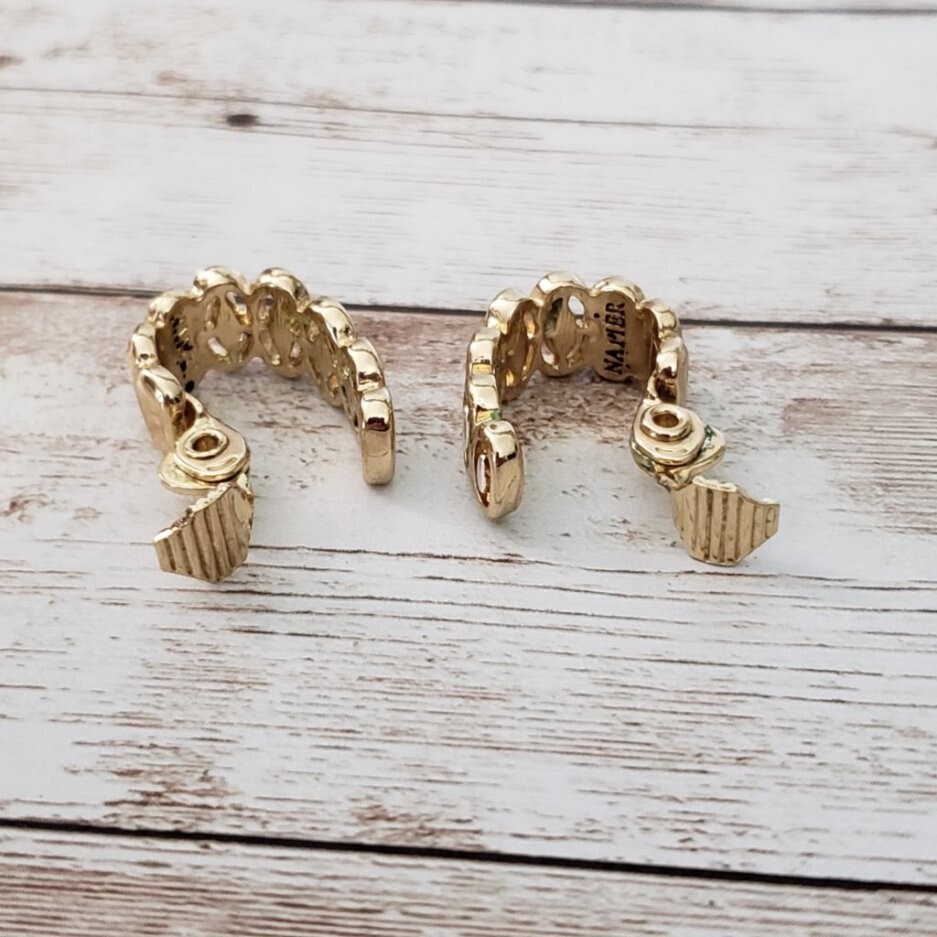 Vintage HMN Napier Clip On Earrings Gold & Silver Tone Elongated Hoops