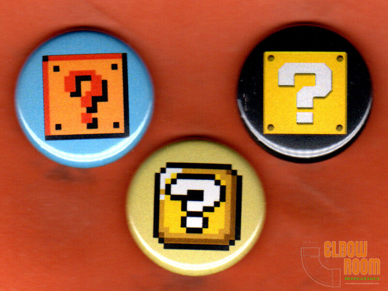 Set of three 1 Super Mario Bros question blocks pins buttons