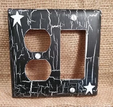 Primitive Crackle Black & White Star Combo Single GFI/Outlet Plate 