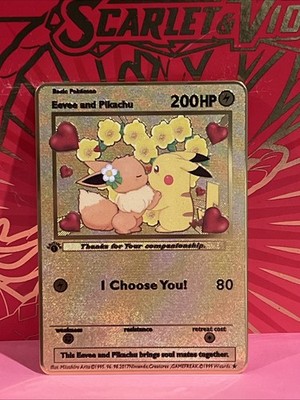 Eevee & Pikachu I choose You! Love Gold Metal Inspired Pokémon Card- Collectible