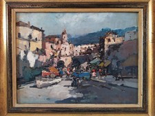Ezelino Briante Borgo della Costiera Amalfitana Dipinto Anni 50 a Olio firmato