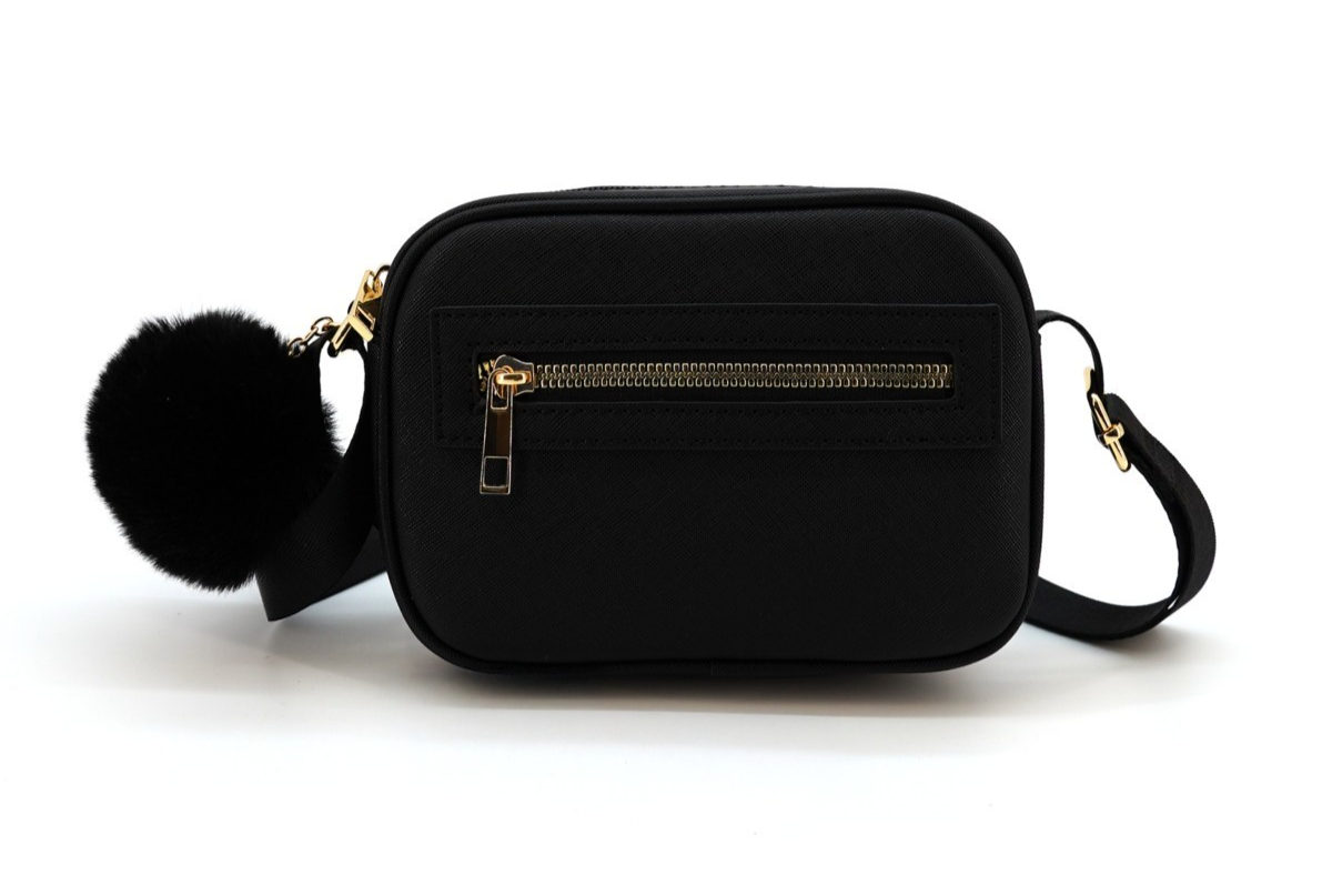 Like Dreams Skyler Women's Camera Crossbody bag With Pompom Charm Black Gold