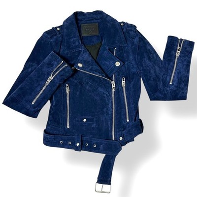 Blank NYC Royal Blue Navy Suede Moto Jacket Silver Tone Hardware Belted Sz XS