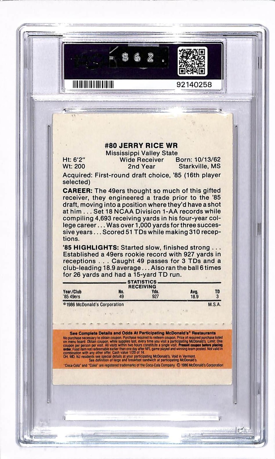 1986 McDonald's 49ers Jerry Rice Orange Rookie RC #80 PSA 6 view 2
