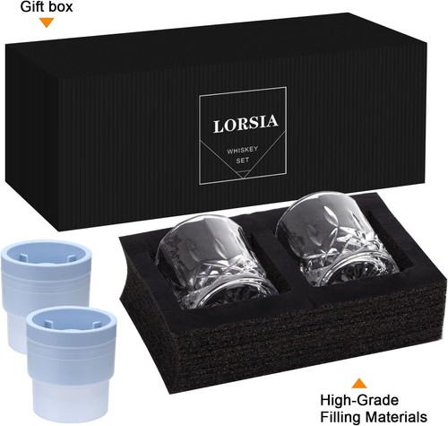 Whiskey Rocks Glass Set of 4 2 Crystal Bourbon Glasses 2 Round Ice Ball In Box - Picture 7 of 9