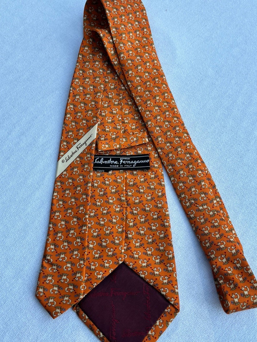 Salvatore Ferragamo Premium Men's Orange Brown Silk Tie Animal