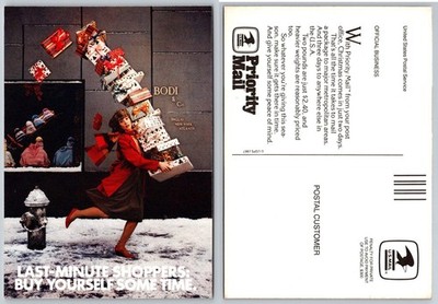 1987 USPS Priority Mail Christmas Ad Postcard Last-Minute Shoppers Bodi & Co.