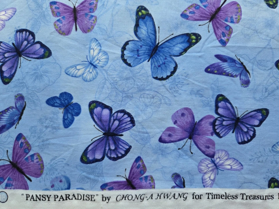 Timeless Treasures Fabric Chong A Hwang Pansy Paradise Blue Butterflies 26 x 42 - Image 3 of 3