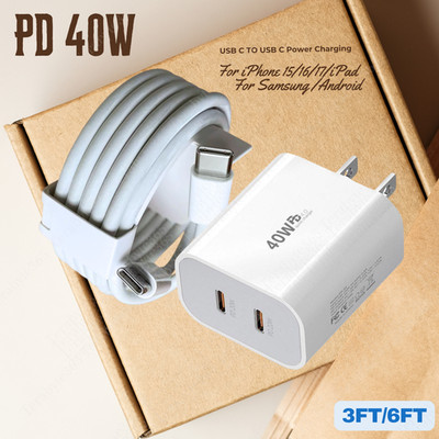 Dual USB-C Fast Charger For iPhone 15 16 17 iPad Samsung 40W Cube PD Type-C Cord