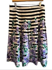 Talbots Floral Striped Midi Skirt Size 10 Cotton Blend Pleated A-Line Side Zip