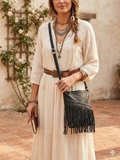 Black Fringe Crossbody Bag Vegan Leather Boho Western Purse Zip Pocket