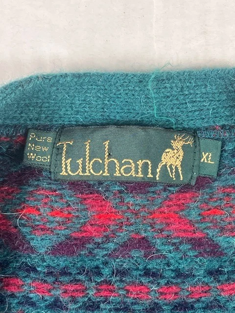Cárdigan Suéter Vintage Años 90’s Lana Tulchan Tejido Verde Rojo Cuello en V Para Mujer’s XL Foto 2 de 4