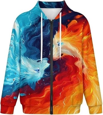 Zip Hoodie Unisex Fire and Ice Wolf Clash 3D Printed Graphic S-5XL