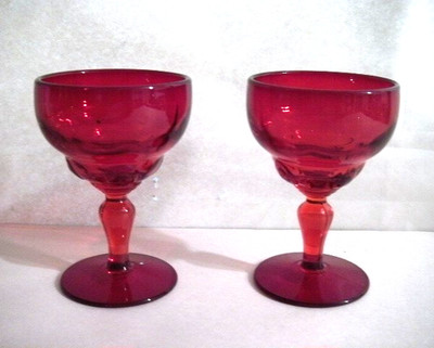 PAIR OF VINTAGE SOLID RED WEDDING GLASS CUPS 4 BUTTONS 1941 TOAST 2 SEAMS 4-1/4''