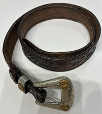 Genuine Leather Belt Brown Western Embossed Floral Size 32 Buckle Child Girl
