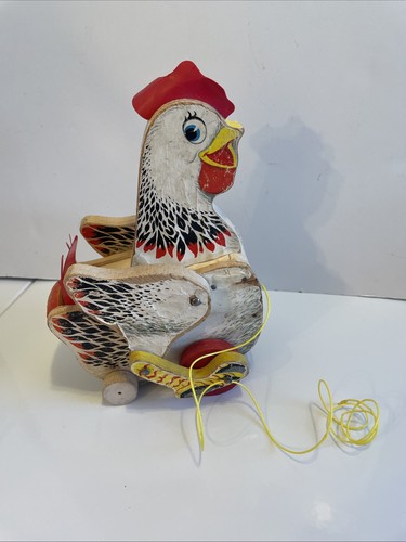 Fisher Price Vintage Wooden Chicken Pull Toy #120 the Cackling Hen Farmhouse
