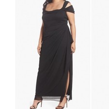 Alex Evenings Black Cold Shoulder Ruffle Gown Size 12 Formal Wedding Geust NEW