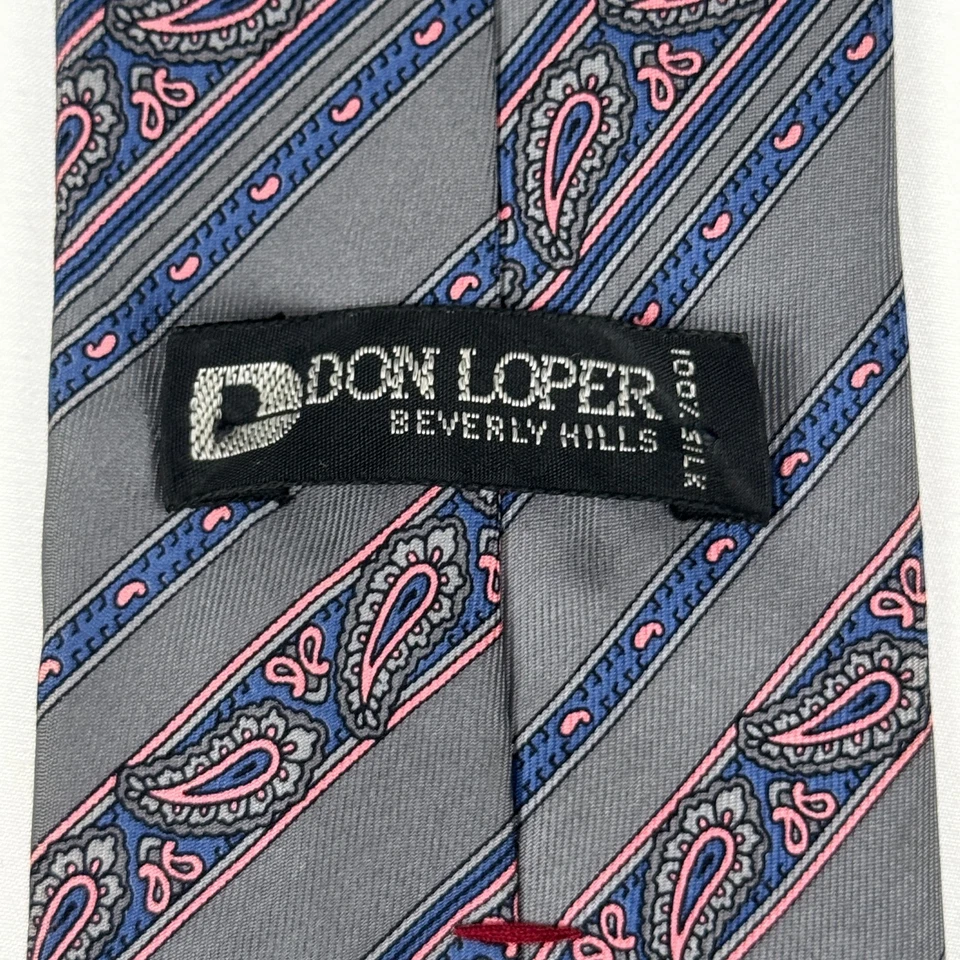 Corbata Don Loper Beverly Hills 100 % seda gris rayas azul rosa cachemira 55 x 3 Foto 3 de 4