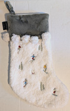 Skiers Ski Christmas Stocking Embroidered Sherpa Fleece Pom Poms Sage Green 20"