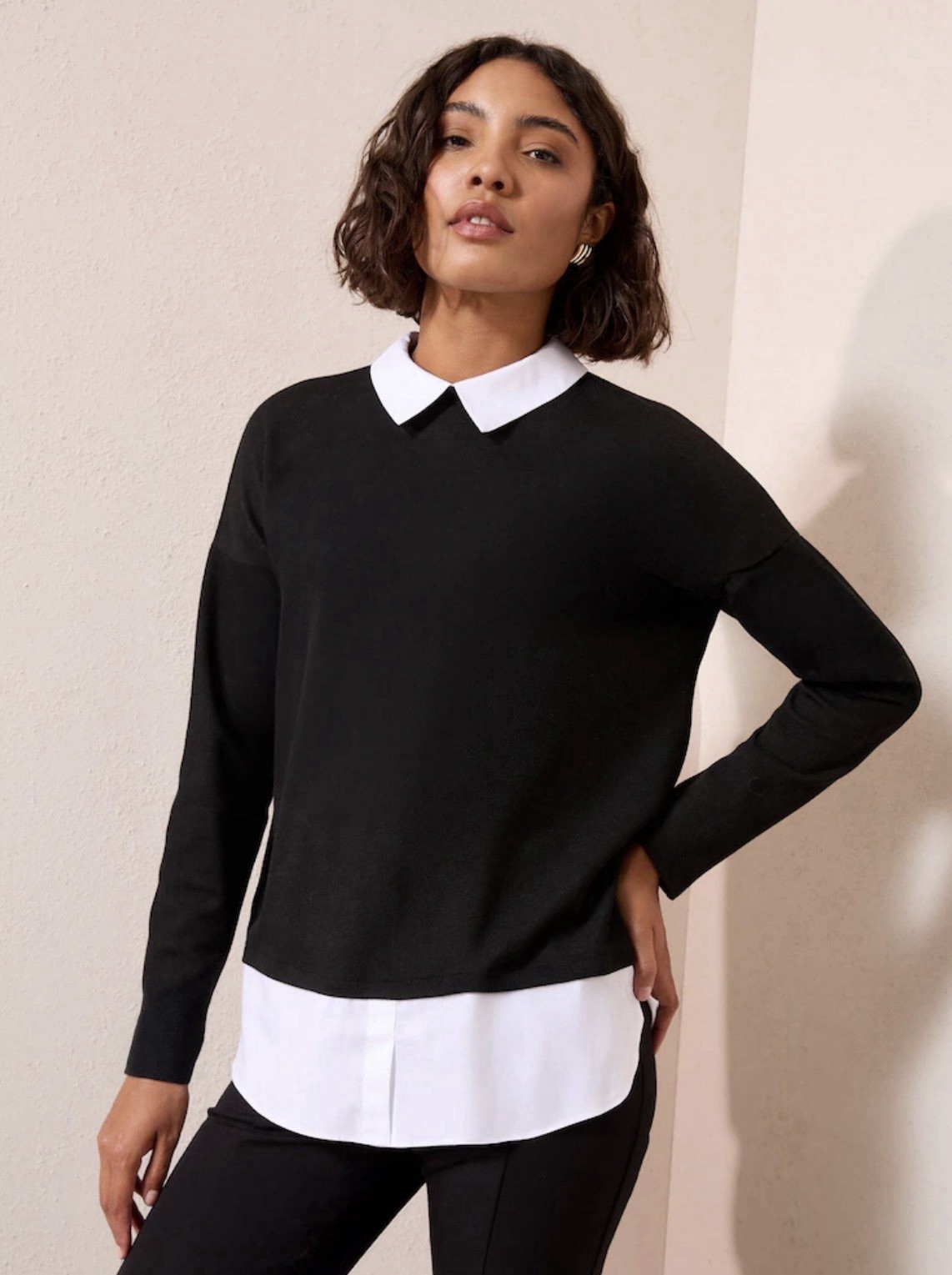 Adrianna Papell Black and White Tunic Top Peter Pan Collar and Ruffle Hem Size L