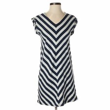 Ann Taylor Loft Stripe Chevron Navy Blue Classic Short Sleeve Mini Dress XS