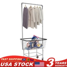 Heavy duty Garment Organizer Laundry Cart With Storage Basket Double Pole Rack