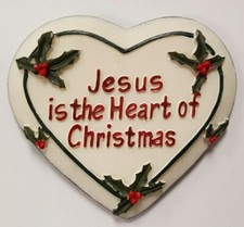 HAND PAINTED JESUS HEART OF CHRISTMAS 2" HEART POINSETTIA PLAQUE ORNAMENT N585