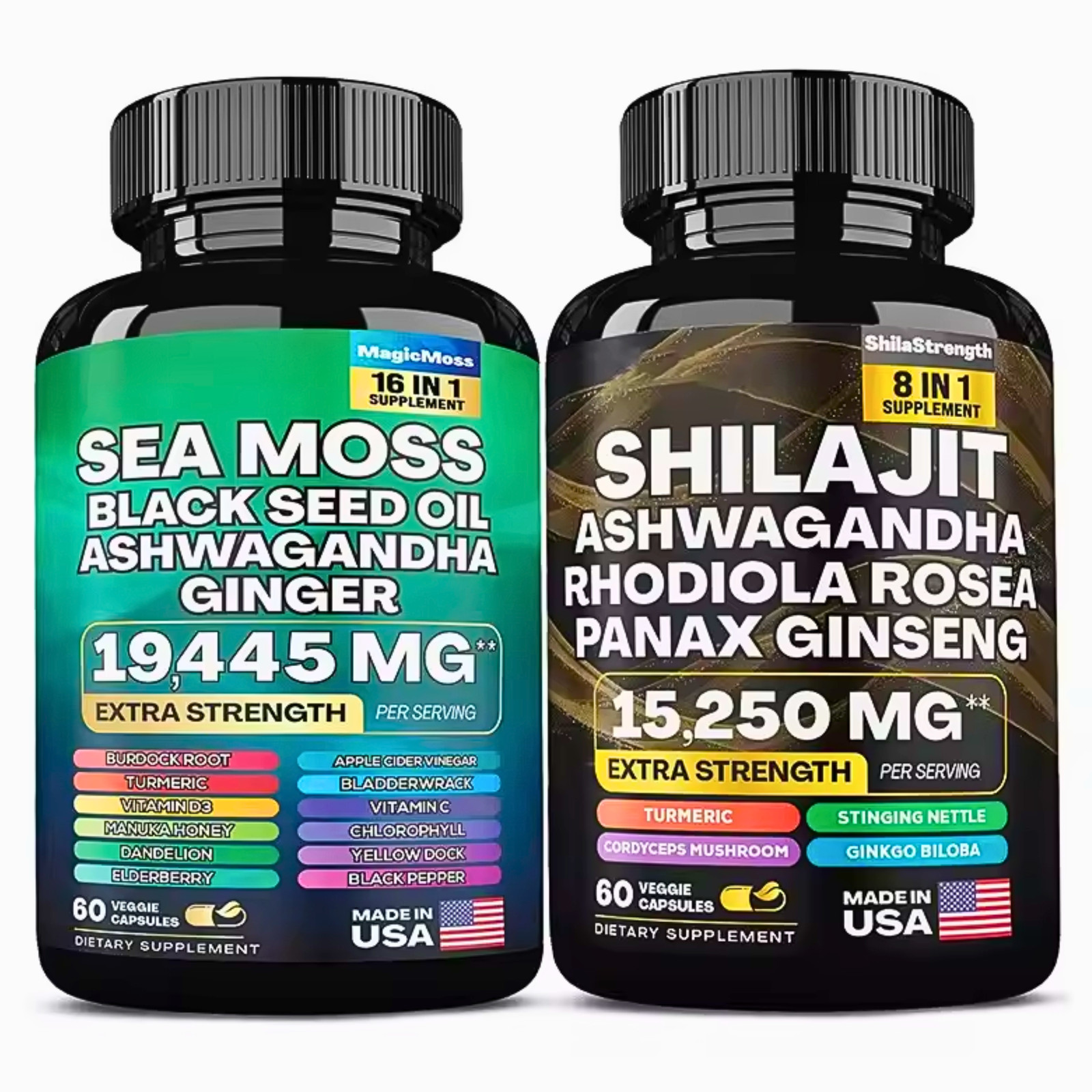 Mosgo marino y Shilajit (aceite de semilla negro, cúrcuma, ashwagandha, jengibre, vitamina D)