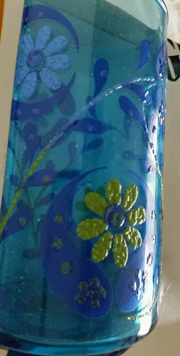 Vintage Anchor Hocking Cobalt BLUE Glass Tumblers Set Applied Glaze Flowers NIB