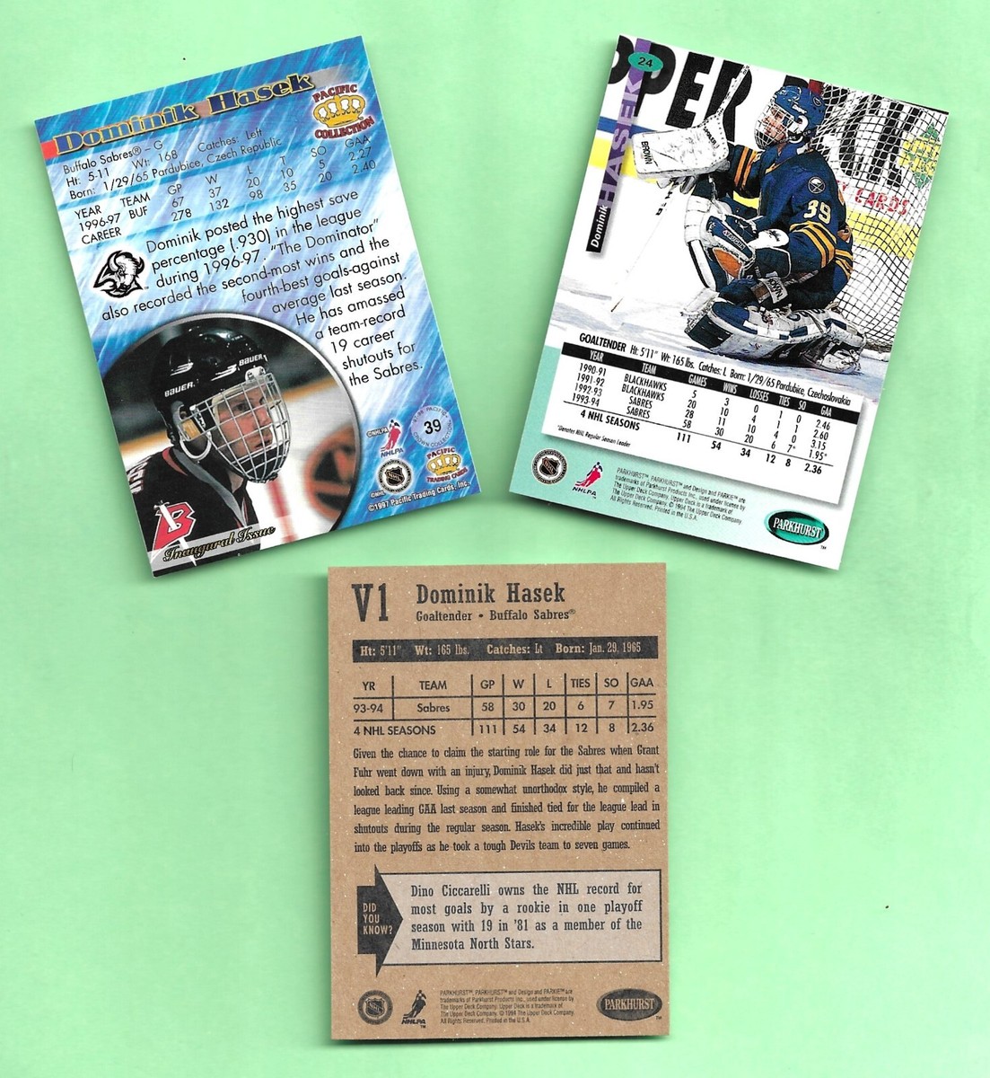 3 CARD DOMINIK HASEK LOT! BUFFALO SABRES Parkhurst/Pacific SHARP