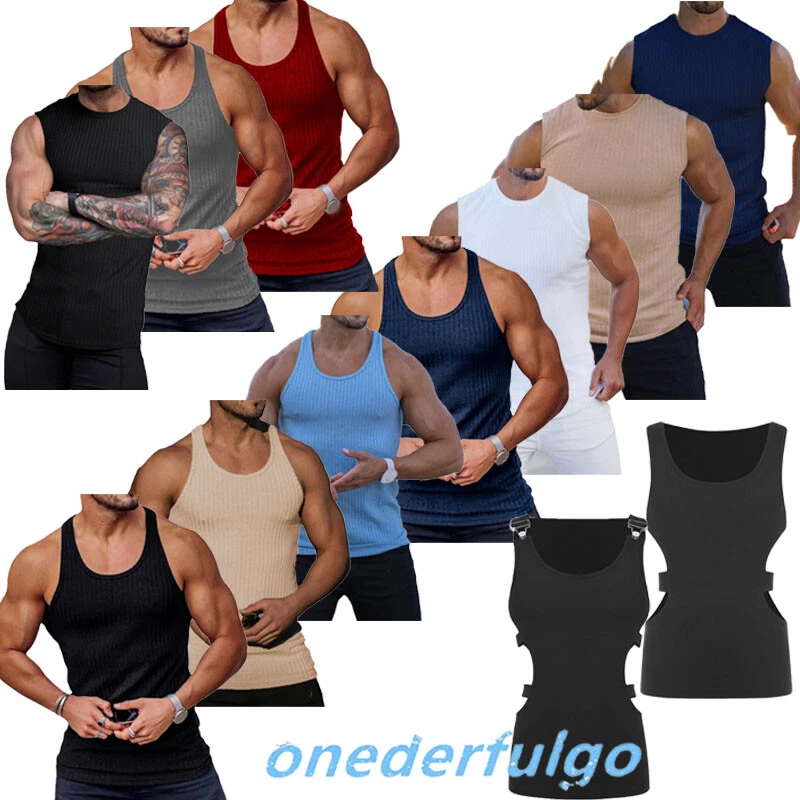 Men Hollow Out Tank Top Vest Ribbed Sleeveless T Shirts Clubwear Workout Gym