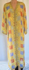 SILK GEOMETRIC PRINT MULTICOLOR GOLD APPLIQUE SIDE SLITS LONG SLEEVES ROBE SZ 44