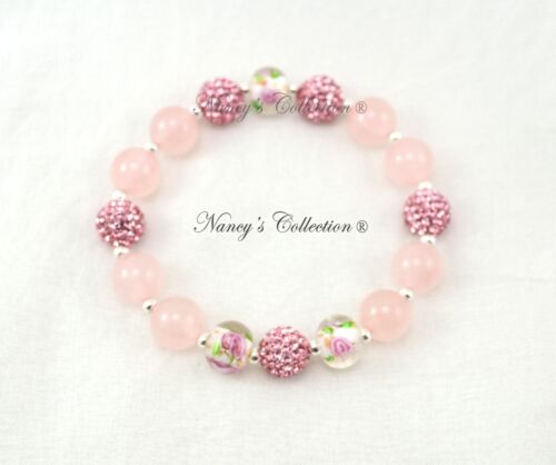 Exclusive Pink 10mm Rose Quartz Shamballa Elastic Bracelet Sterling Silver S925 - Picture 1 of 2