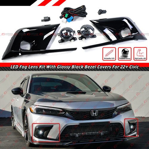 FOR 2022-2024 CIVIC PROJECTOR CLEAR LENS LED FOG LAMP + GLOSS BLACK BEZEL COVER - Picture 2 of 8
