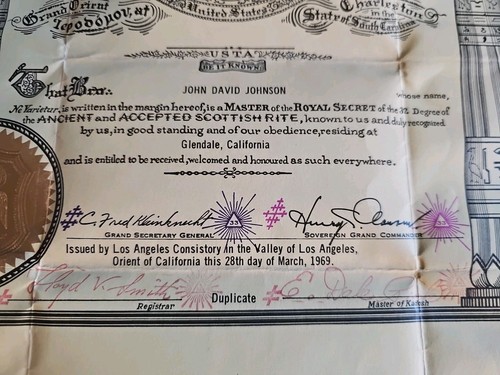 Scottish Rite Certificate Freemason Mason Master Of Royal Secret 32 Grad 1969 - Bild 3 von 5