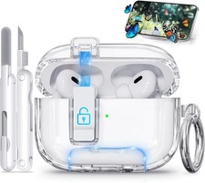 Clear Cover Case for AirPods Pro 2 with Phone Stand  Secure Lock, Auto-Open